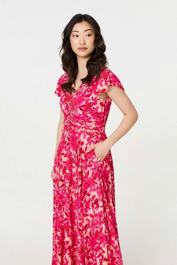 Pink | Floral Cap Sleeve Ruched Maxi Dress
