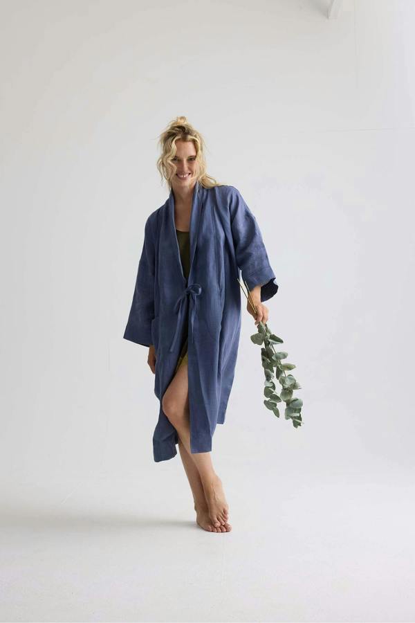 Pretty You London Long Relaxed Linen Jacket in Folkestone Grey