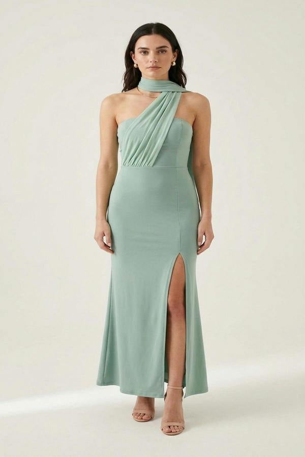 Celeste High Slit Draped Scarf Maxi Dress - Sage