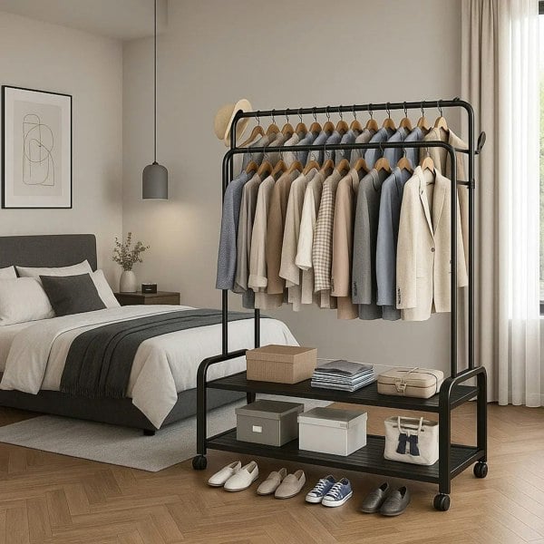 Modcraft Black Heavy Duty Double Rail Clothes Rack – Garment Hanging Stand with Wheels