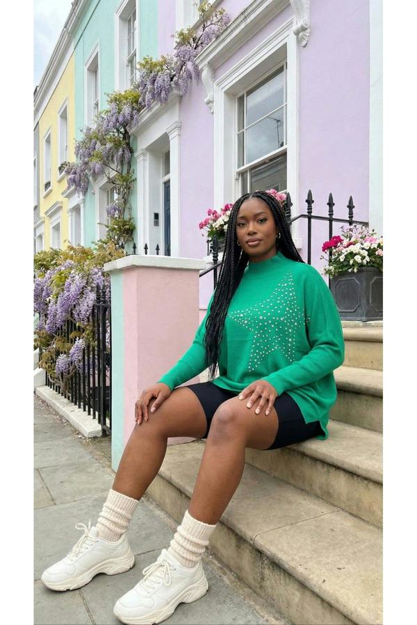 Jaira Oversized Knitted Jumper With Studded Star Detail - Green