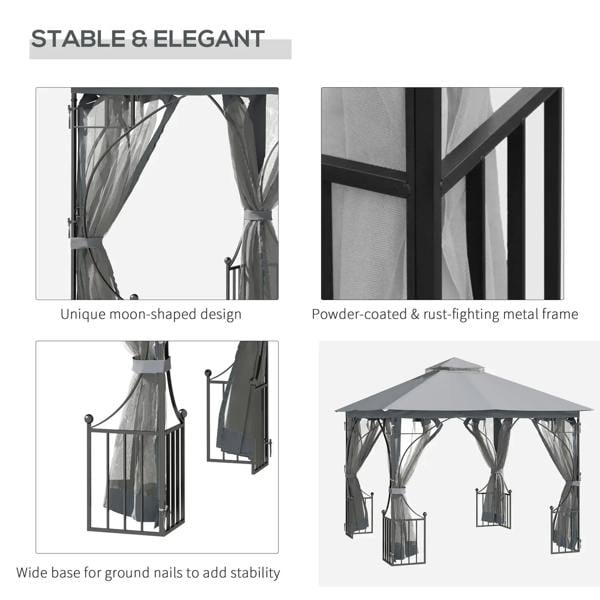 Light grey gazebo with moon-shaped curtain openings and powder-coated metal frame