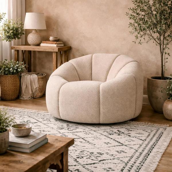 Wyld Haus Juniper Retro Upholstered Cream Boucle Swivel Armchair