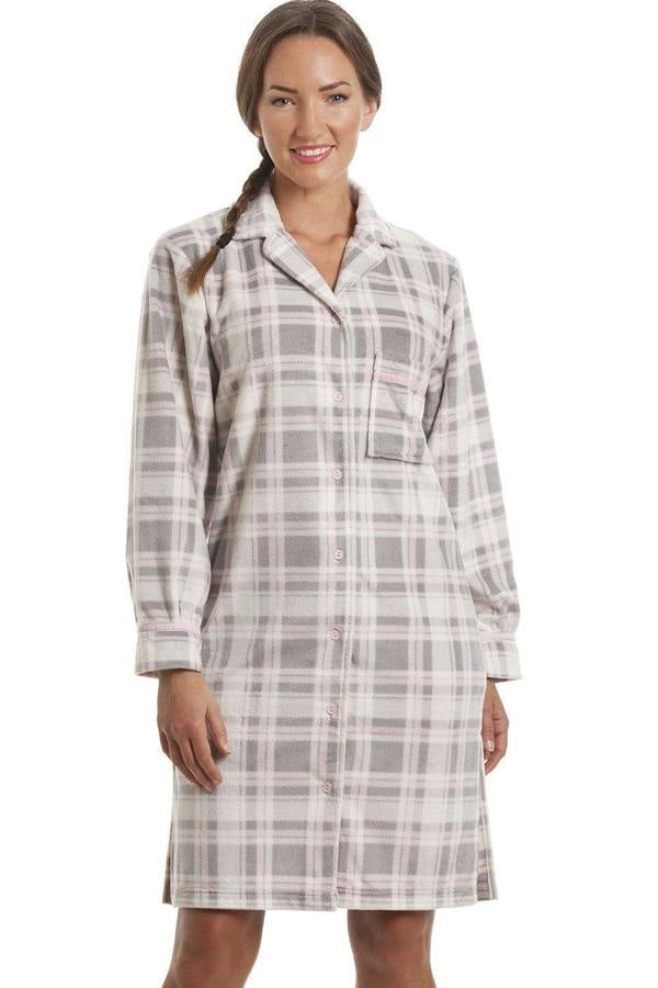 Camille Women's Button Front Nightshirt in Grey Check Fleece Nightwear
