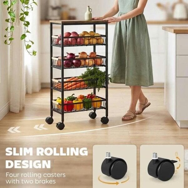 Metal Kitchen Trolley, 4-Tier Storage Trolley with Pull-Out Baskets and 4 Swivel Casters for Kitchen, Rustic Brown