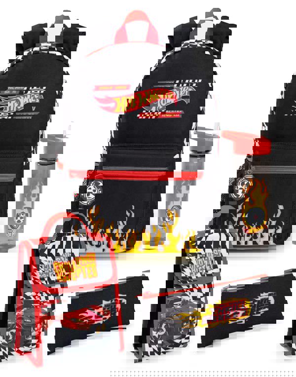 Hot Wheels Unisex Kids Black Checkerboard Flame 4 Piece Backpack Set (One Size)
