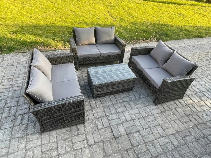 Fimous Dark Grey 6 Seater Outdoor Rattan Garden Furniture Set Patio Love Sofa Rectangular Coffee Table Set