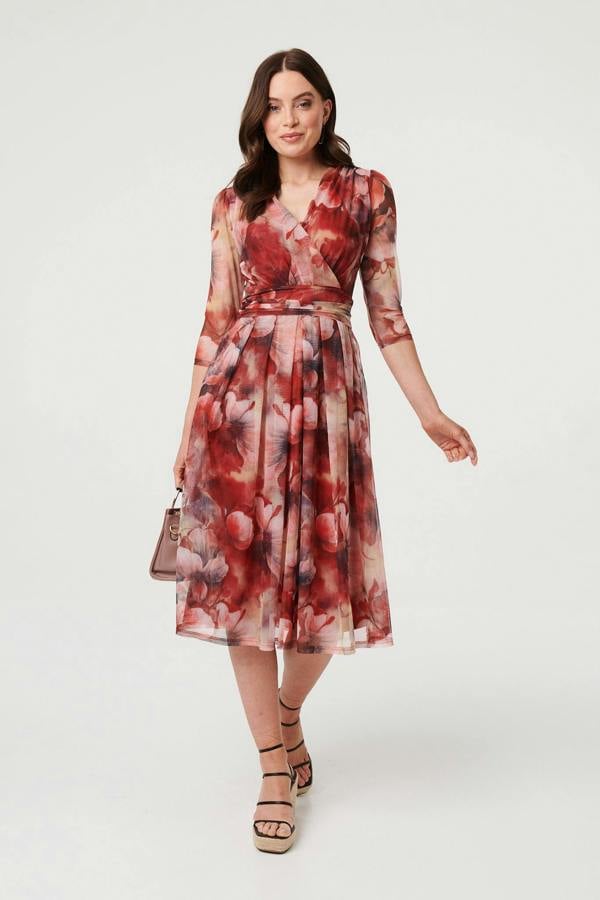 Rust | Floral 3/4 Sleeve Mesh Midi Wrap Dress