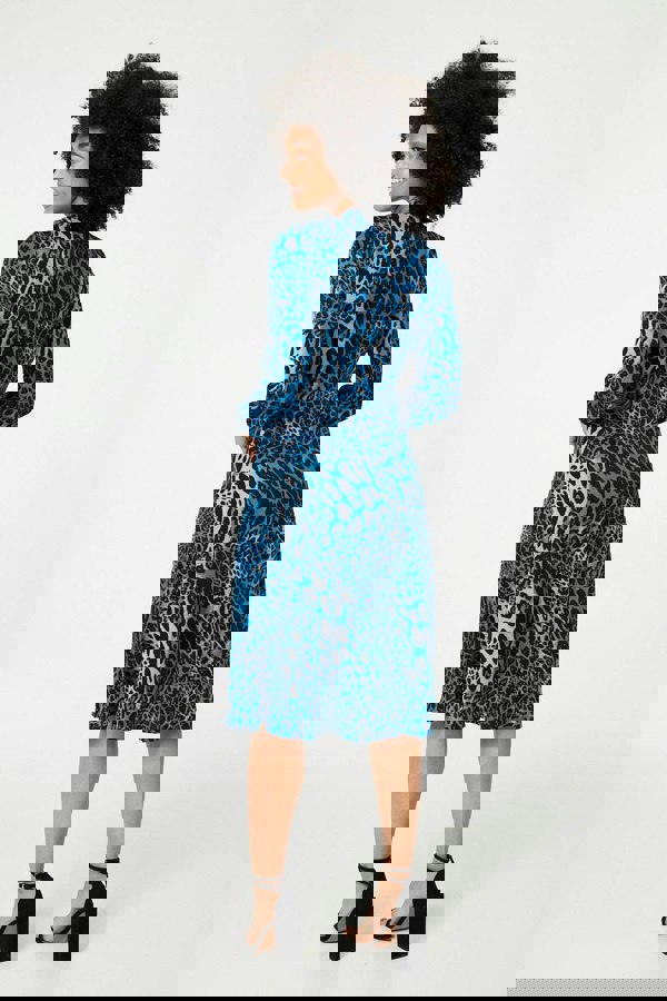 Blue | Leopard Print Long Sleeve Midi Dress
