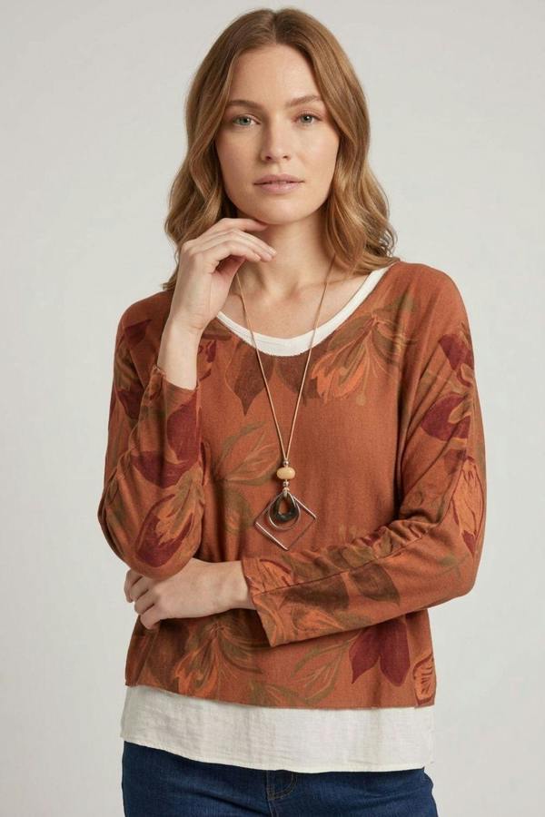 Orange | Leaf Print Layered Long Sleeve Top
