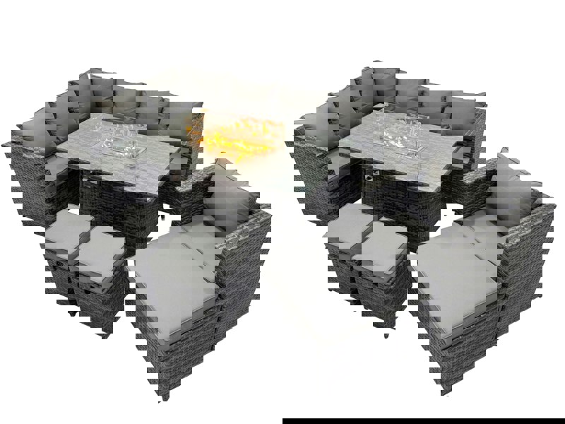 Fimous Rattan Garden Furniture Dining Set 10 seater Gas Fire Pit Dining Table Corner Sofa Set with 3 Stool Dark Grey Mixed