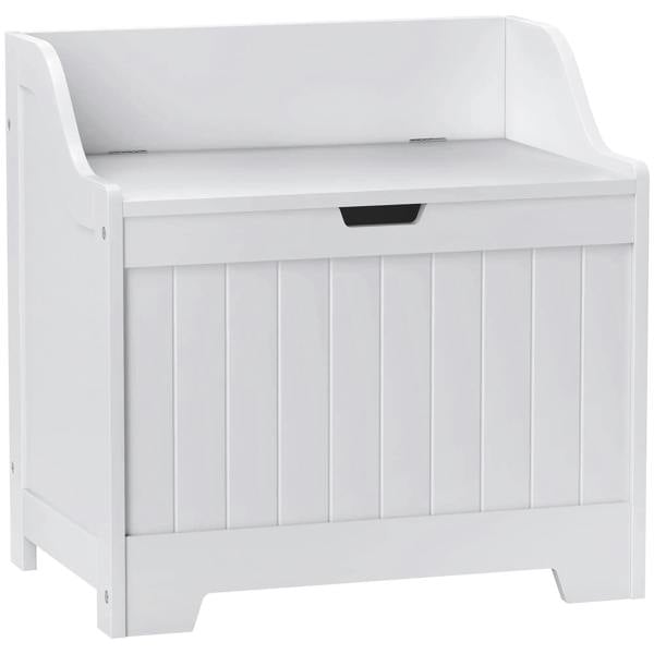 White storage chest with hinged lid, black handle, vertical slat front