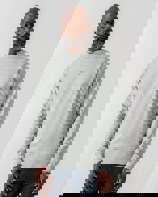 Model wearing BOSS Orange WeSmallcrew Mens Sweatshirt in Silver 043 - Main