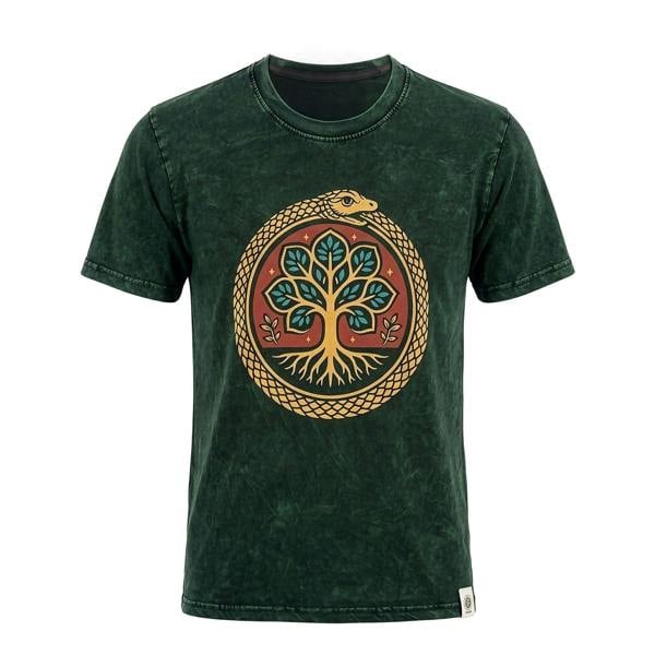 Green stonewashed cotton T-shirt with Tree of Life graphic on the chest