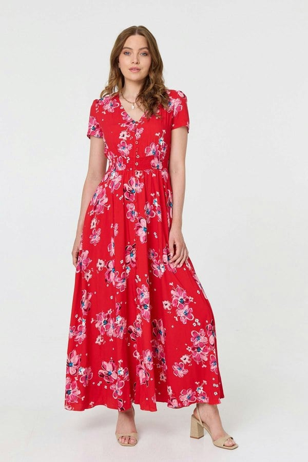 Red | Floral Short Sleeve Shirred Maxi Dress