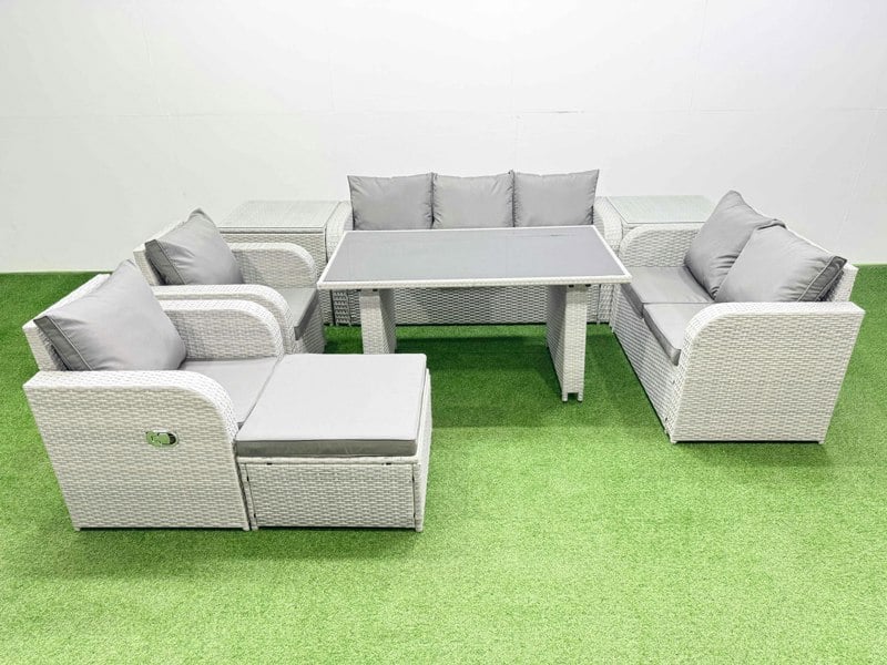 Fimous 9 Seater Garden Furniture Set PE Rattan Garden Sofa Set with Rectangular Dining Table Big Stool 2 Side Tables Light Grey