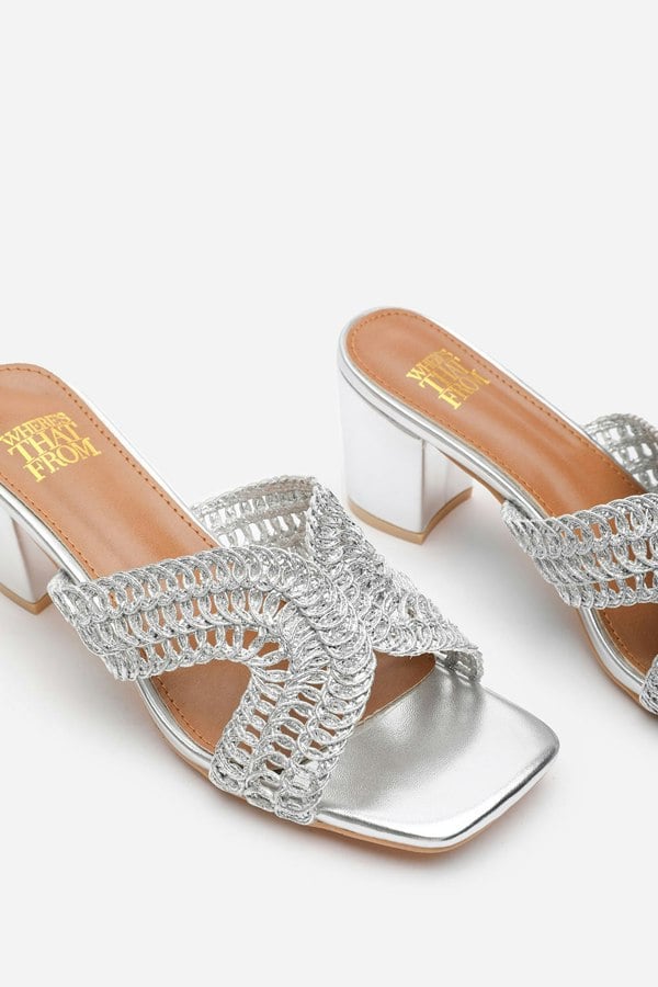 Where's That From Summer Woven Strap Block Heel Slides in Silver Metallic Faux Leather