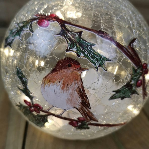 Samuel Alexander 15cm Battery Operated Light up Robin Crackle Glass Ball with 12 Warm White LEDs