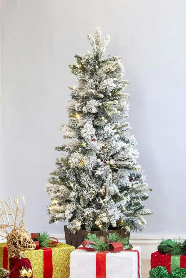 4ft and 5ft Pre-Lit Snow Flocked Artificial Christmas Tree with Pine Cones, Red Berries and Warm White LEDs image 5