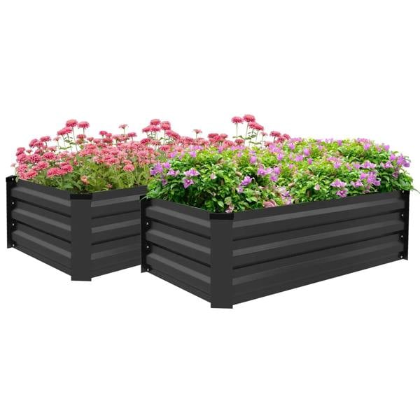 Set of two dark grey steel raised planter boxes with slatted sides