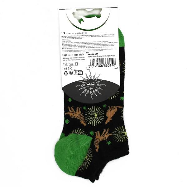 Bamboo socks on retail card; black with green cuff and hop hare pattern