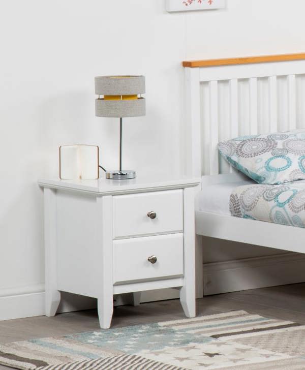 Mission TM 2 Drawer Bedside Table, Solid Pine Nightstand, Satin White Finish