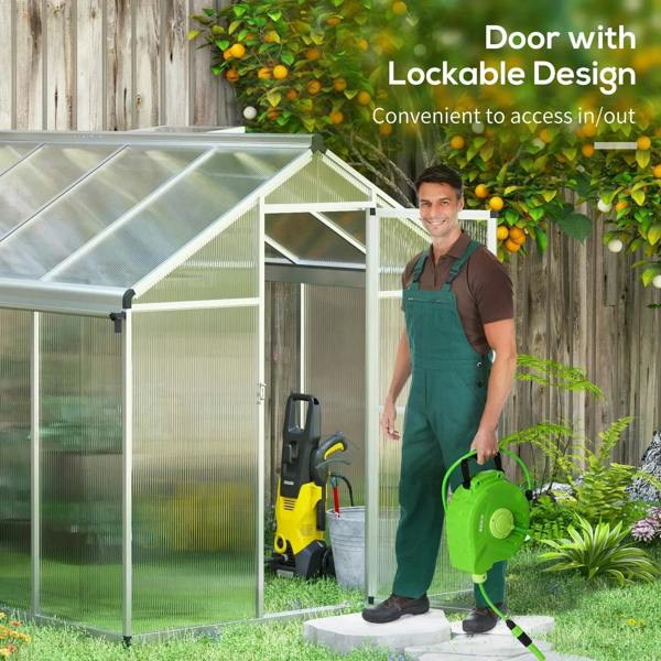 White aluminium frame greenhouse with clear roof panels and lockable front door design
