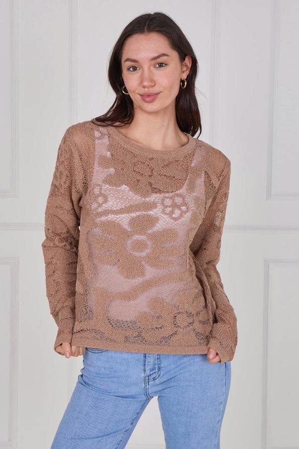 Model wearing a long sleeve crochet top with an open-knit pattern, styled with high-waisted jeans, featuring a relaxed fit and lightweight texture for casual everyday wear.