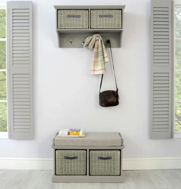 Statement Furniture Tetbury Hallway Shelf with Coat Hooks and Two Storage Baskets