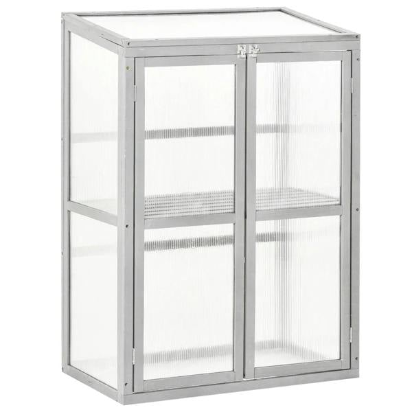 Light grey wooden cold frame greenhouse with double doors and clear polycarbonate panels