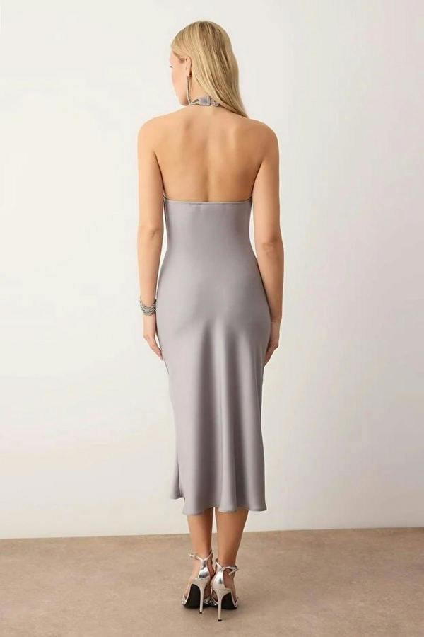 WOVCOR Woven Satin Midi Unlined Evening Dress with Stone Accessory Details