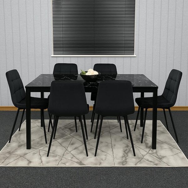 Kosy Koala Modern Black Glass Marble Effect Dining Table Set With 6 Black Chairs Dining Room Furniture - 134cm (L) x 70cm (W) - Table + 6 black valvet chairs