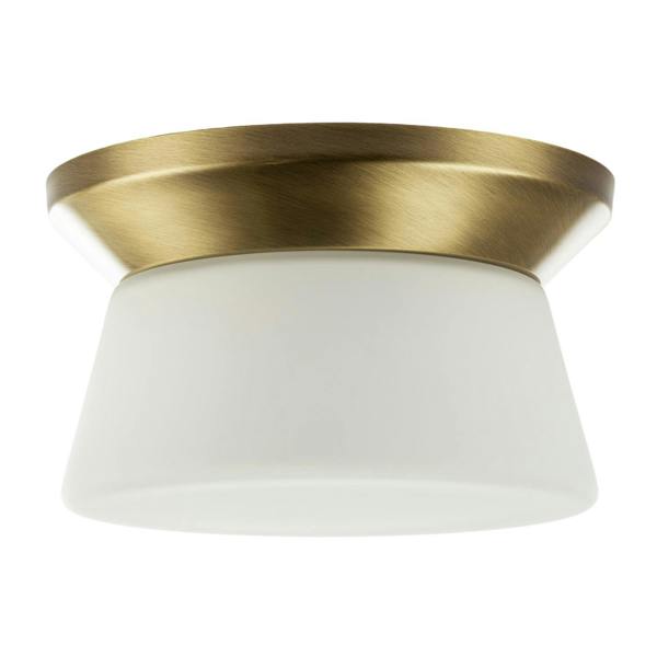 Modern Antique Brass LED Bathroom Ceiling Light with Opal White Glass Image 1