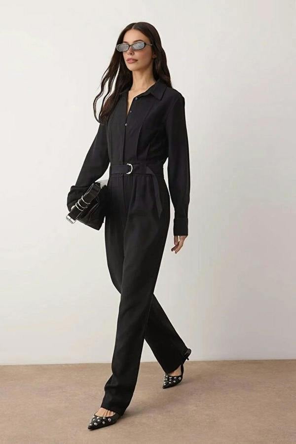 WOVCOR Shirt Collar Draped Straight Leg Jumpsuit