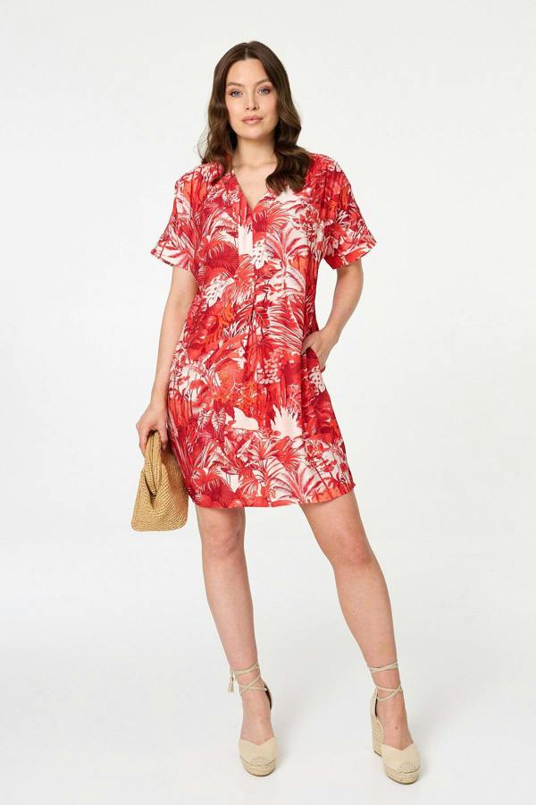 Red | Tropical Print Short Sleeve Shift Dress