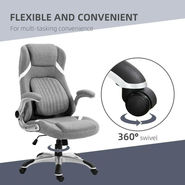 Grey linen-look office chair with 360 swivel, padded seat and back, caster base
