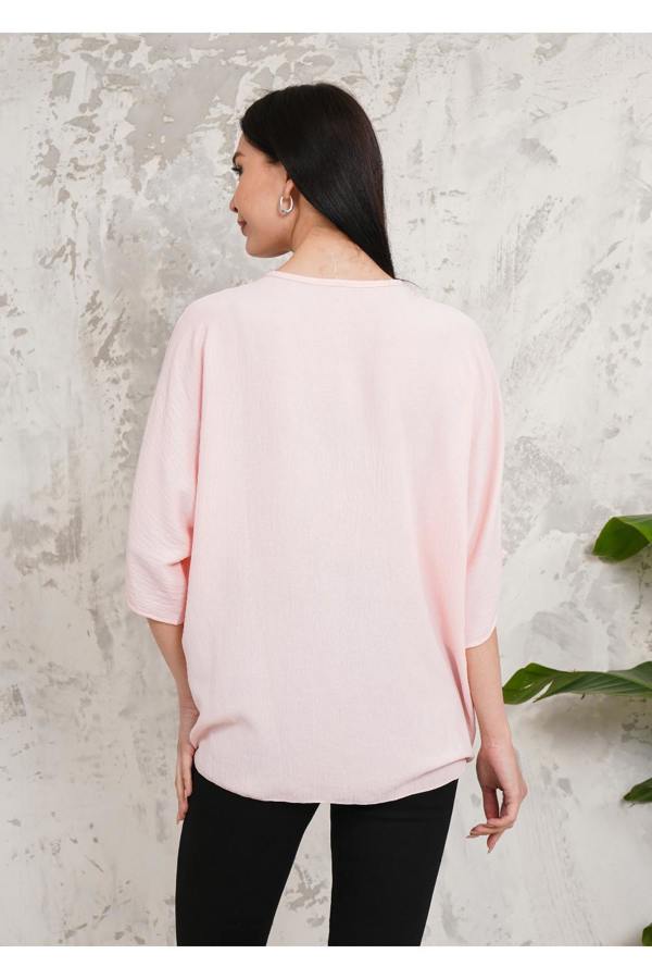 Hoxton Gal Oversized V Neck Tie Front Detailed Blouse with 3/4 Sleeves in Pink