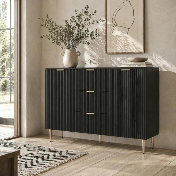 Wyld Haus Surara Baro Black Ribbed 2 Door Sideboard 3 Drawers 2 Shelves Gold Accents