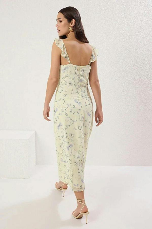 Floral Print A-Line Frill Detail Midi Dress