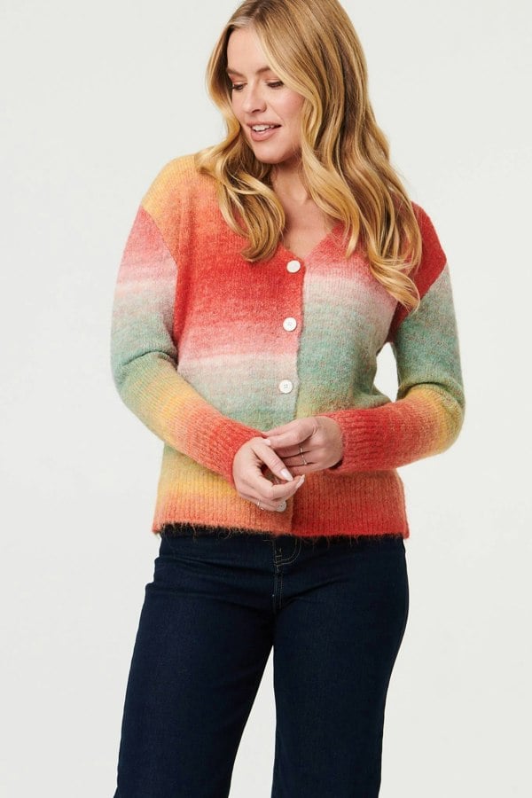 Red | Striped Long Sleeve Textured Cardigan
