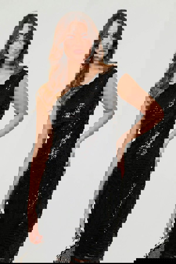 Black | Sequin Embellished Fringed Midi Dress
