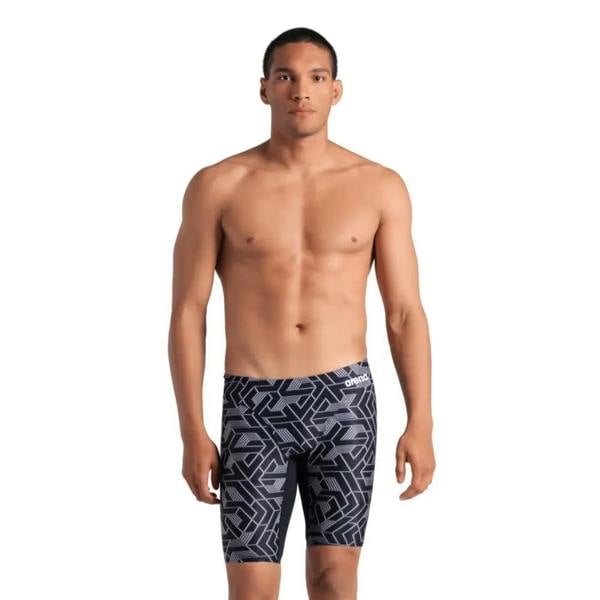 Black and gray geometric Arena Escape Swim Jammer trunks