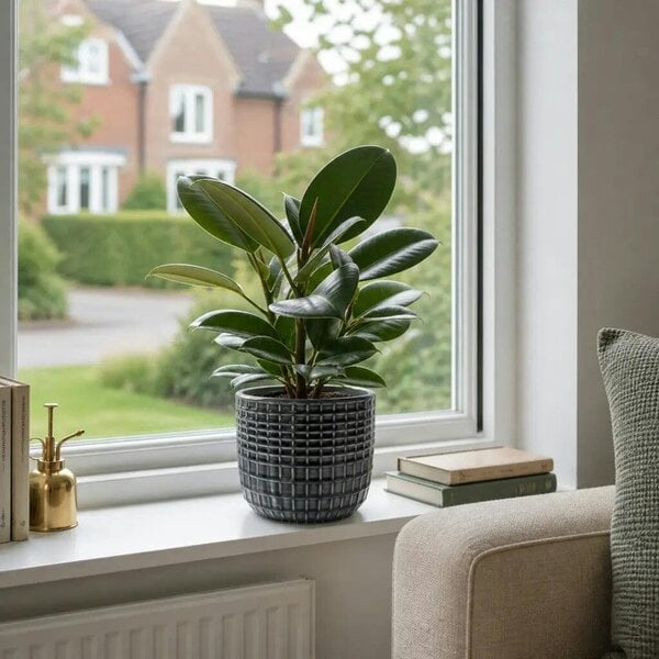 Ficus Robusta Rubber Plant – Elegant Glossy Green Foliage Indoor Houseplant - Braga Grey Ceramic
