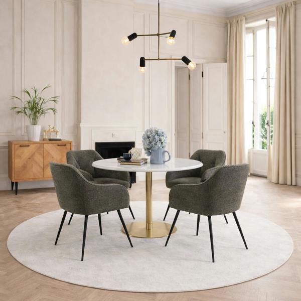 Furniture To Go Corby Round Dining Table with White Polished Marble Top & Gold Base inc 4 Brooke Dining Chairs with Armrests in Taupe