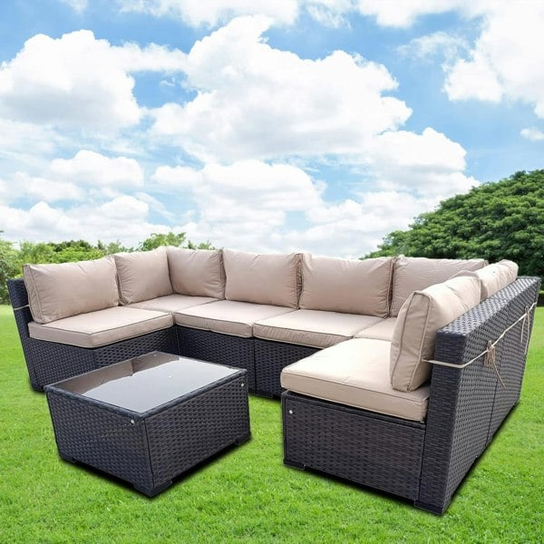 Furniture One Rattan Garden Furniture 7 Piece Set, 6 Seater Wicker Garden Corner Sofa Outdoor Patio Sofa Set