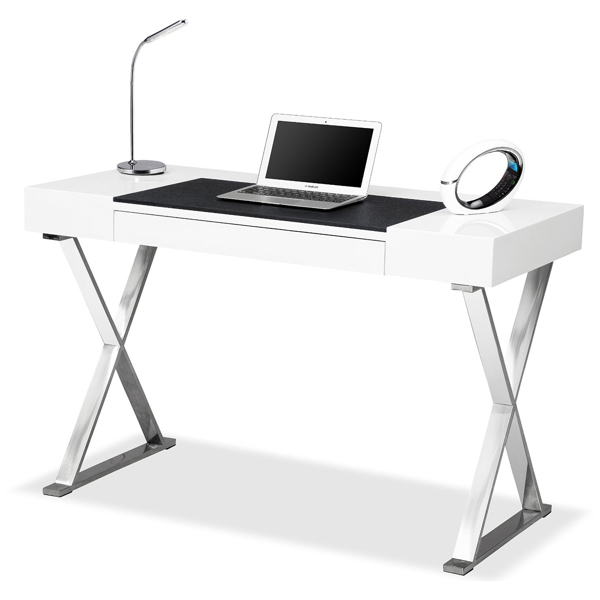 Homeology ADONIS Gloss White and Chrome Ergonomic Home Office Luxury Workstation Desk