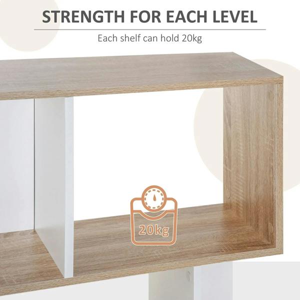 Close-up of wood shelf panel with white support legs, sturdy open-tier bookshelf