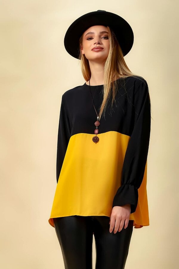 Hoxton Gal Colour Block Blouse in Black and Yellow