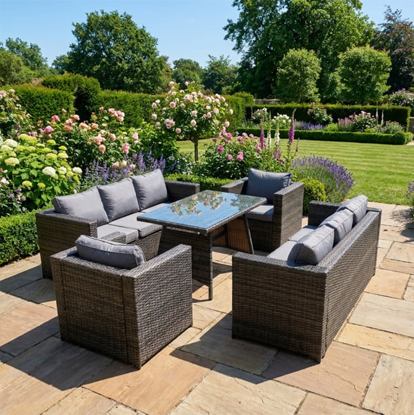 Fimous 8 Seater Rattan Garden Sofa Set with 2 Sofas, 2 Armchairs & Dining Table - Dark Grey