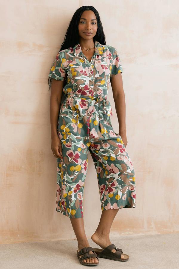 Lily & Me Josie Linen Blend Cropped Jumpsuit Ceres Laurel Green